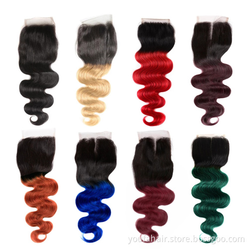 Ombre Pre Colored Brazilian Body Wave Curly 4x4 Lace Frontal Closure, 100% Human Virgin Hair Bundles 1b/blue Swiss Lace Closures